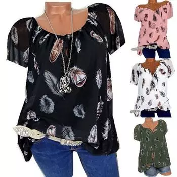 Женская рубашка с принтом перьев, простая рубашка с короткими рукавами и шнуровкой спереди 2XL белый