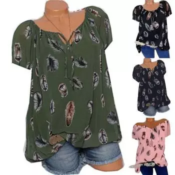 Женская рубашка с принтом перьев, простая летняя рубашка с коротким рукавом и шнуровкой спереди, уличная одежда 2XL белый