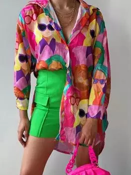 Женская рубашка с принтом персонажа из мультфильма Аватар, модная однобортная рубашка с лацканами, весна 2023, женские рубашки, шикарные топы с длинными рукавами, новинка S синий