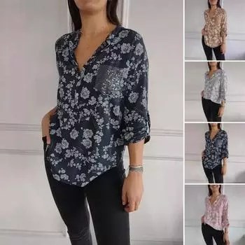 Женская рубашка с принтом, повседневная блузка с длинным рукавом и лацканами, женская однобортная рубашка в уличном стиле для работы, поездок на работу, свиданий, путешествий, вечеринок 2XL синий
