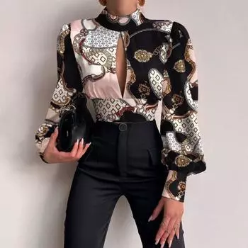 Женская рубашка с принтом, пуловер, свободный крой, полый дизайн, рубашка, топ для свиданий S хаки