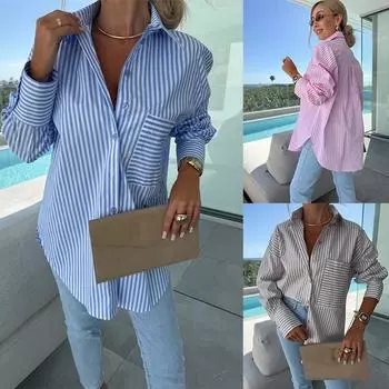 Женская рубашка с принтом в полоску и карманом, модная однобортная винтажная рубашка с длинным рукавом, повседневная, элегантная, свободная S розовый