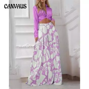 Женская рубашка с принтом в стиле кэжуал с лацканами и шнуровкой. Комплект из двух предметов с широкими брюками на талии S бордовый