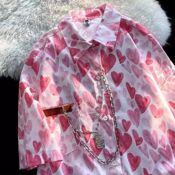 Женская рубашка с принтом в виде сердца, летние свободные топы с короткими рукавами в винтажном стиле, однобортные повседневные рубашки для женщин с отложным воротником One Size