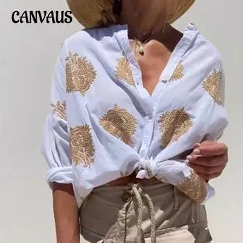 Женская рубашка с принтом, весенне-осенняя рубашка с принтом Independent Station с длинными рукавами и лацканами на пуговицах S белый