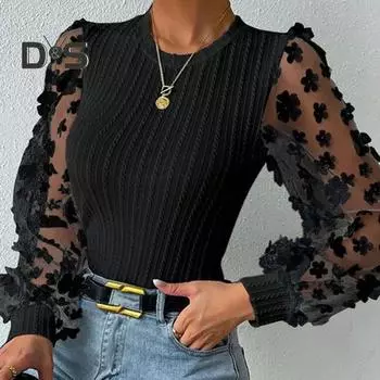 Женская рубашка с прозрачной сеткой, цветочной аппликацией, круглым вырезом, длинным рукавом, однотонным пуловером, мягкой лоскутной текстурой, топ для поездок на работу L белый