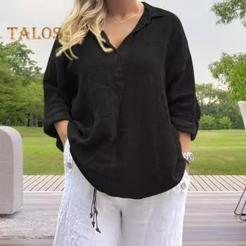 Женская рубашка с пуговицами на лацканах, с полузастежкой, с длинным рукавом, повседневные топы, однотонная свободная рубашка для работы и отдыха S светло-синий