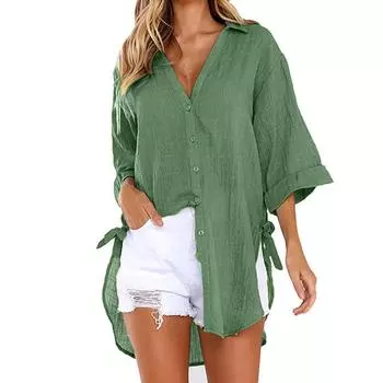 Женская рубашка с пуговицами на шнуровке и лацканами, свободная рубашка с длинным рукавом с завязками по бокам S оранжевый