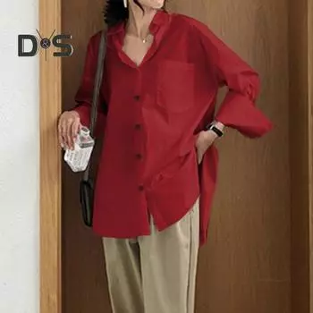 Женская рубашка с пуговицами на спине, свободная однобортная однобортная однотонная женская блузка с лацканами и длинным рукавом с накладным карманом, Мягкая женская блузка в стиле OL 3XL белый