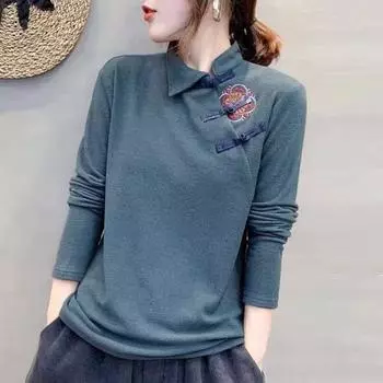 Женская рубашка с пуговицами снизу в этническом стиле, свободный крой, диагональный воротник в стиле ретро, длинный рукав, футболка на осень и зиму 4XL чёрный