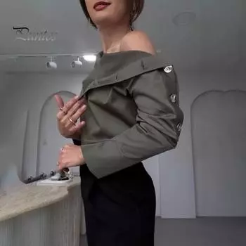 Женская рубашка с пуговицами, водолазка с длинными рукавами, повседневная свободная рубашка, однотонная блузка с открытыми плечами S вино красного