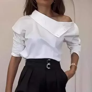 Женская рубашка с пуговицами, водолазка с длинными рукавами, повседневная свободная рубашка, однотонная блузка с открытыми плечами S серый