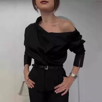 Женская рубашка с пуговицами, водолазка с длинными рукавами, повседневная свободная рубашка, однотонная блузка с открытыми плечами S синий