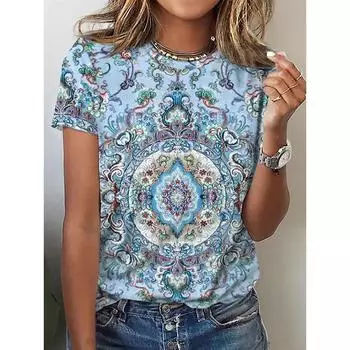 Женская рубашка с рисунком мандалы больших размеров, рисунок лотоса, футболка с коротким рукавом с рисунком мандалы, лучший выбор для лета, материал полиэстер S