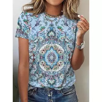 Женская рубашка с рисунком мандалы больших размеров, рисунок лотоса, футболка с коротким рукавом с рисунком мандалы, лучший выбор для лета, материал полиэстер S