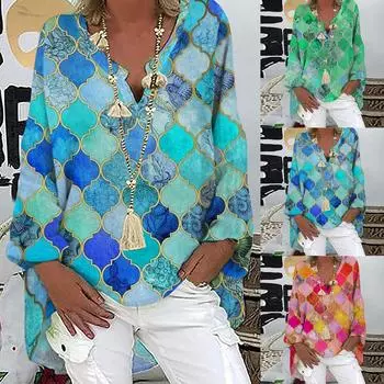 Женская рубашка с ромбовидным принтом, клетчатая, с геометрическим принтом, V-образным вырезом, повседневная блузка с длинными рукавами M синий