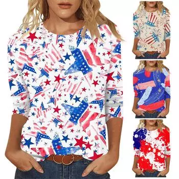Женская рубашка с рукавами 3/4, праздничный топ, футболка с узором для независимого дня, повседневный базовый топ, пуловер M
