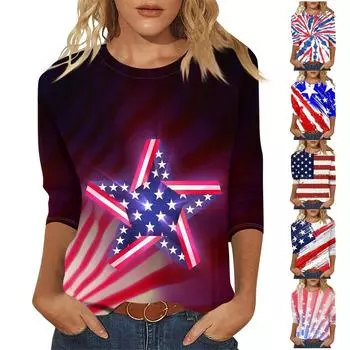 Женская рубашка с рукавами 3/4, праздничный топ, футболка с узором для независимого дня, повседневный базовый топ, пуловер L