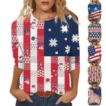 Женская рубашка с рукавами 3/4, праздничный топ, футболка с узором для независимого дня, повседневный базовый топ, пуловер L синий