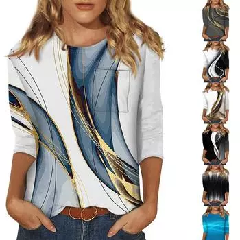 Женская рубашка с рукавами 3/4, праздничный топ, футболка с узором, повседневный базовый топ, пуловер L чёрный