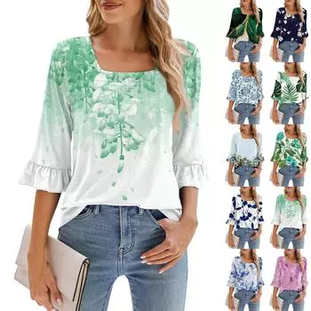 Женская рубашка с рукавами четверть с цветочным принтом и свободный повседневный топ с квадратным вырезом S