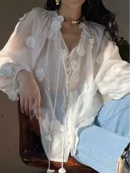 Женская рубашка с рукавами-фонариками от French Lantern — легкий дизайн для зрелого чаепития ранней весны. Large белый/кремовый