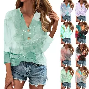 Женская рубашка с рукавом 3/4 и принтом, свободная повседневная футболка с v-образным вырезом XL циан