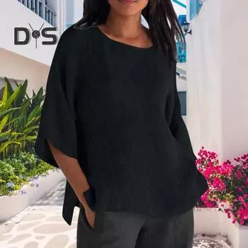 Женская рубашка с рукавом 3/4, повседневная, с круглым вырезом, однотонный пуловер, свободный крой, блузка для отпуска, повседневная одежда S армия зеленый