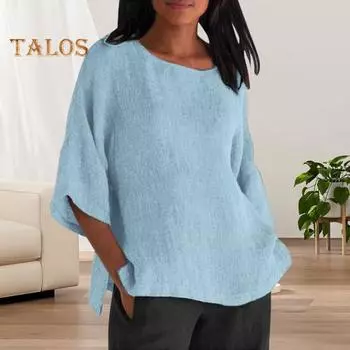 Женская рубашка с рукавом 3/4, повседневная, с круглым вырезом, однотонный пуловер, свободный крой, блузка для отпуска, повседневная одежда S розы красного