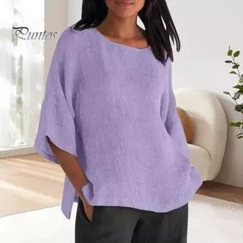 Женская рубашка с рукавом 3/4, повседневная, с круглым вырезом, однотонный пуловер, свободный крой, блузка для отпуска, повседневная одежда S небесно-голубой