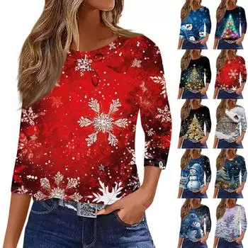 Женская рубашка с рукавом семь четвертей, модная, повседневная, свободная, с круглым вырезом, на Рождество S синий