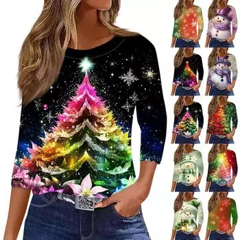 Женская рубашка с рукавом семь четвертей, модная, повседневная, свободная, с круглым вырезом, на Рождество XL зелёный