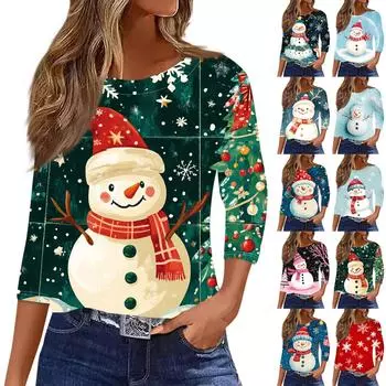 Женская рубашка с рукавом семь четвертей, модная, повседневная, свободная, с круглым вырезом, на Рождество XXL розовый