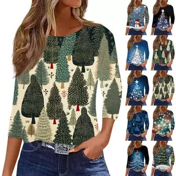 Женская рубашка с рукавом семь четвертей, модная, повседневная, свободная, с круглым вырезом, на Рождество XXL чёрный