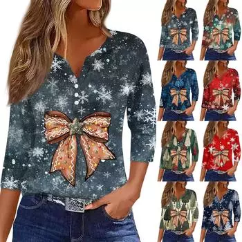 Женская рубашка с рукавом семь дюймов, напечатанная в стиле ретро, повседневная, свободная, с V-образным вырезом, рождественская M