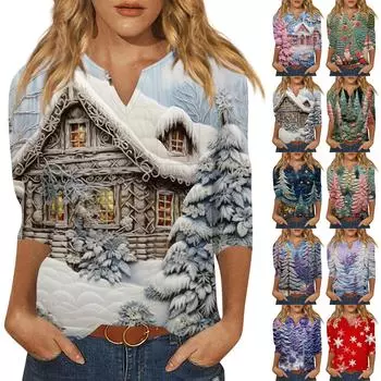 Женская рубашка с рукавом семь дюймов, напечатанная в стиле ретро, повседневная, свободная, с V-образным вырезом, рождественская XL