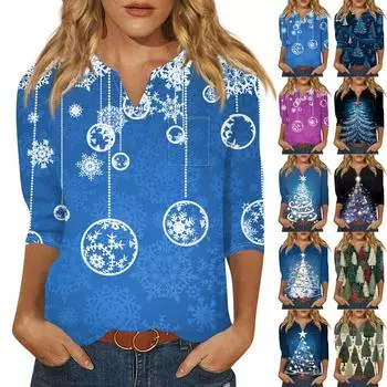 Женская рубашка с рукавом семь дюймов, напечатанная в стиле ретро, повседневная, свободная, с V-образным вырезом, рождественская L