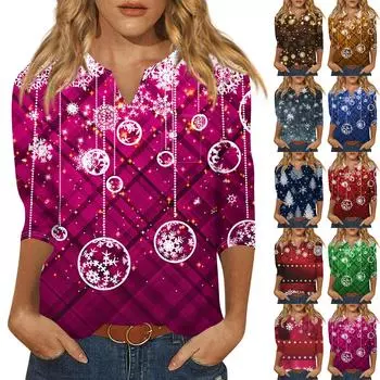 Женская рубашка с рукавом семь дюймов, напечатанная в стиле ретро, повседневная, свободная, с V-образным вырезом, рождественская L