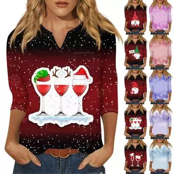 Женская рубашка с рукавом семь дюймов, напечатанная в стиле ретро, повседневная, свободная, с V-образным вырезом, рождественская XXXL