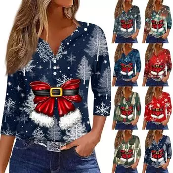 Женская рубашка с рукавом семь дюймов, напечатанная в стиле ретро, повседневная, свободная, с V-образным вырезом, рождественская M