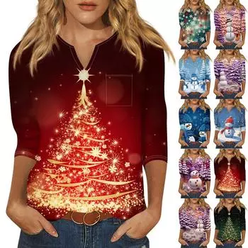Женская рубашка с рукавом семь дюймов, напечатанная в стиле ретро, повседневная, свободная, с V-образным вырезом, рождественская S