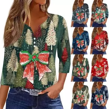 Женская рубашка с рукавом семь дюймов, напечатанная в стиле ретро, повседневная, свободная, с V-образным вырезом, рождественская XL красный