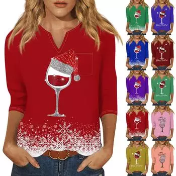 Женская рубашка с рукавом семь дюймов, напечатанная в стиле ретро, повседневная, свободная, с V-образным вырезом, рождественская XXL бежевый