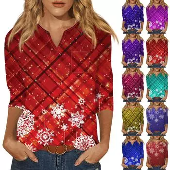 Женская рубашка с рукавом семь дюймов, напечатанная в стиле ретро, повседневная, свободная, с V-образным вырезом, рождественская L
