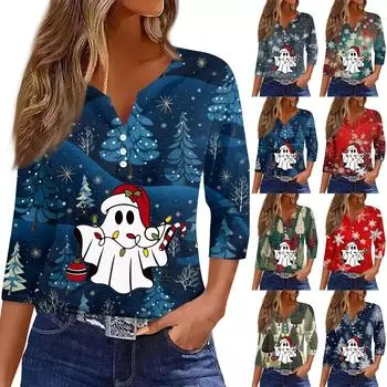 Женская рубашка с рукавом семь дюймов, напечатанная в стиле ретро, повседневная, свободная, с V-образным вырезом, рождественская XL зелёный