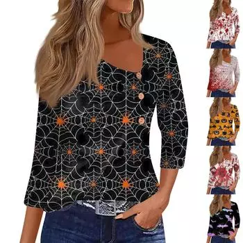 Женская рубашка с рукавом три четверти, футболка с принтом на пуговицах на Хэллоуин, повседневный облегающий топ S чёрный