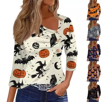 Женская рубашка с рукавом три четверти, футболка с принтом на пуговицах на Хэллоуин, повседневный облегающий топ XXXL бежевый