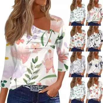 Женская рубашка с рукавом три четверти, футболка с цветочным принтом, повседневный приталенный топ S шафрановый