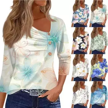 Женская рубашка с рукавом три четверти, футболка с цветочным принтом, повседневный приталенный топ L синий