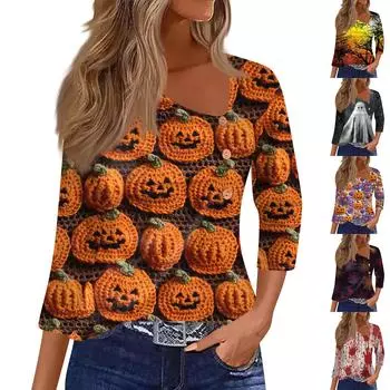 Женская рубашка с рукавом три четверти, футболка с принтом на пуговицах на Хэллоуин, повседневный облегающий топ XXL красный